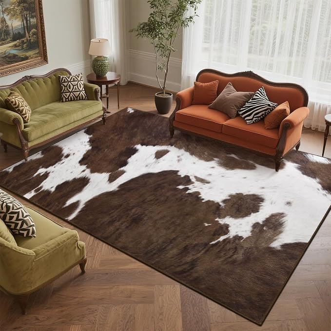 DweIke Cow Print Rug 6x9 – Brown Faux Cowhide Rugs, Washable Soft Non-Slip Stain Resistant Animal Cow Hide Carpet for Living Room Bedroom Dining Room Office, Western Home Decor