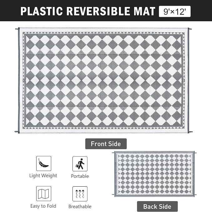 HUGEAR Outdoor Waterproof Rug 9'x12' Plastic Straw Rugs Washable Reversible Floor Mat Grey Plaid Carpet for Camping RV Deck Entryance Porch Picnic Balcony Beach Backyard