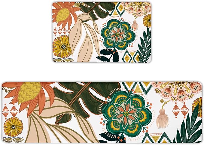 Tyrot Boho Floral Kitchen Rugs Sets of 2 Anti Fatigue Cushioned Long Kitchen Mats for Floor Farmhouse Kitchen Rugs Non Slip Waterproof Mid Century Botanical Comfort Standing Mat for Sink Laundry