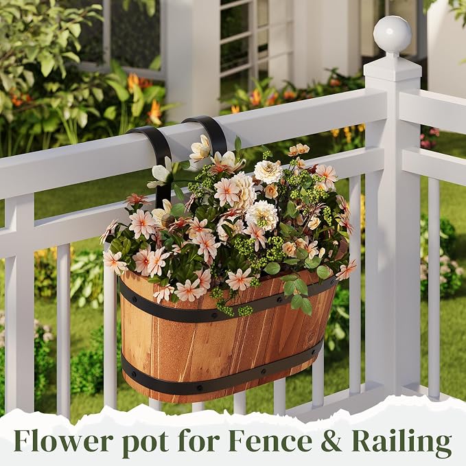 Railing Planters for Outdoor Plants Balcony Hanging Flower Pots with Detachable Hooks, Window Flower Box Hanging Bucket Pots Fence Planters for Garden Home Decor(Brown-1pack, Small)