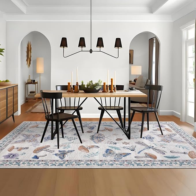 ROYHOME Washable Rug 5x7 Area Rugs for Living Room, Mushroom Insect Rug for Bedroom, 5x7 Rug Non Slip Throw Rugs with Rubber Back, Low Pile Stain Resistant Modern Carpet for Dining Room Dorm,Beige