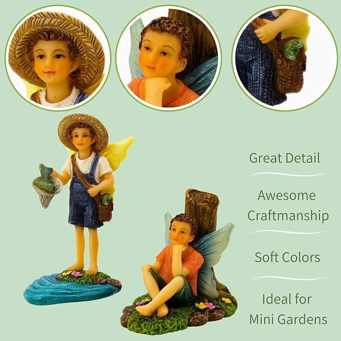 PRETMANNS Fairies for Fairy Garden - Fishing Fairy Figurines – Accessories for Indoor or Outdoor Miniature Garden – 2-Piece Set