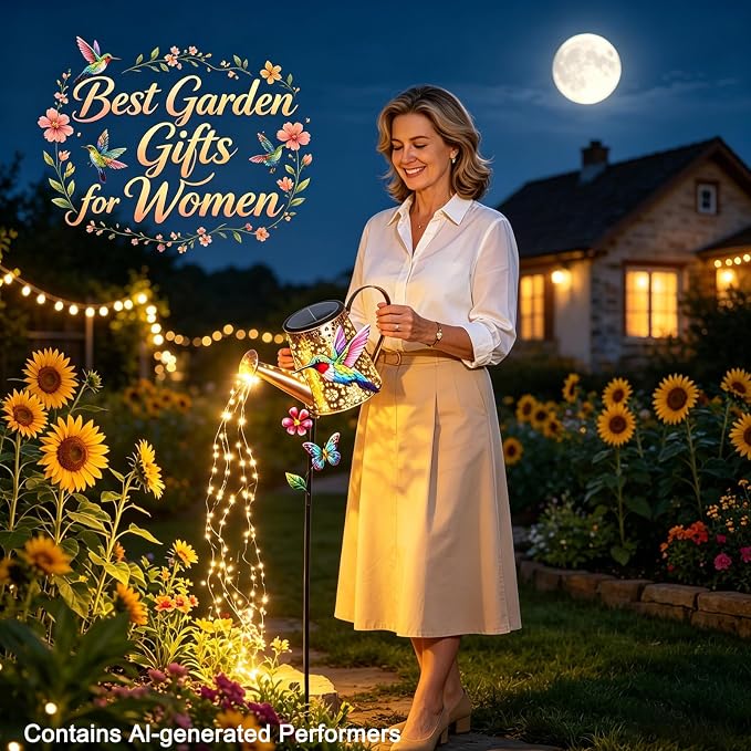 Solar Watering Can with Lights Outdoor Garden, 41in Large Hummingbird Garden Stake Lights, Waterproof Decoration for Yard Lawn Pathway, Gifts for Mom Grandma Women Birthday Gardening Gift