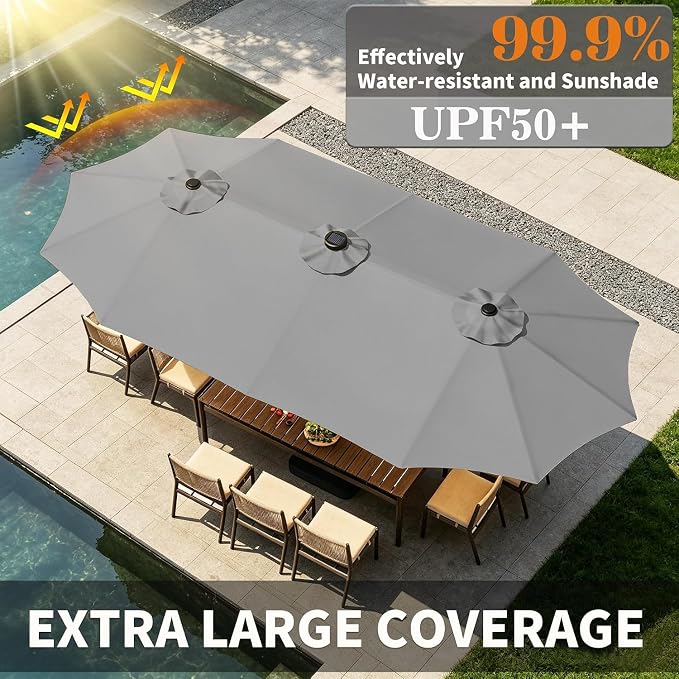 DomeShade 15ft Double-Sided Rectangle Patio Umbrella with 36 LED Solar Lights&base,UV50+ Weather-Resistant Outdoor Umbrella,Crank Lift,Patio Shade for Pool, Garden, Backyard–Gray