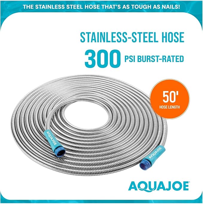 Aqua Joe 50-Foot Heavy Duty Garden Hose, Spiral 304 Stainless Steel Metal Hose, Puncture Proof, 1/2 Inch Diameter with Aluminum Fittings, AJSGH50