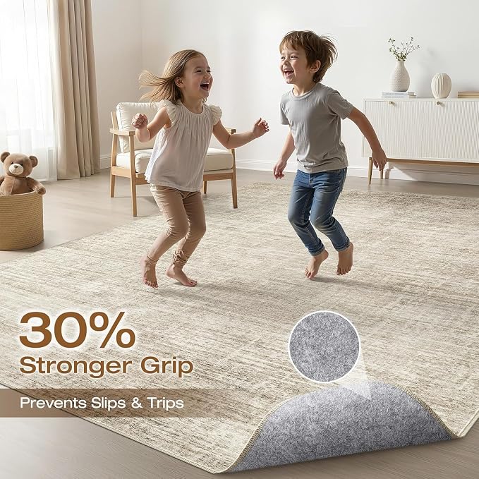 LOONGRUG 6x8 Area Rug Washable Neutral Modern Rug for Living Room Beige | Abstract Soft Stain Resistant Indoor Non-Slip Carpet for Bedroom Nursery Kids Office Playroom Dining Room