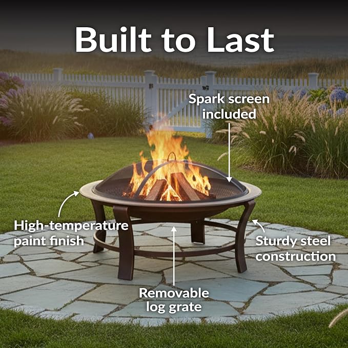 Sunnydaze 29-Inch Elevated Wood-Burning Fire Pit Bowl with Stand - Includes Spark Screen, Wood Grate, and Poker