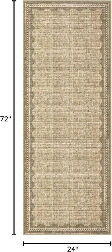 GarveeHome 2x6 Runner Rug for Hallway Washable Kitchen Rugs Non Slip Solid Tan Jute Digital Printing Modern Soft Low-Pile Scalloped Indoor Carpet for Entryway Laundry Room Floor Mats
