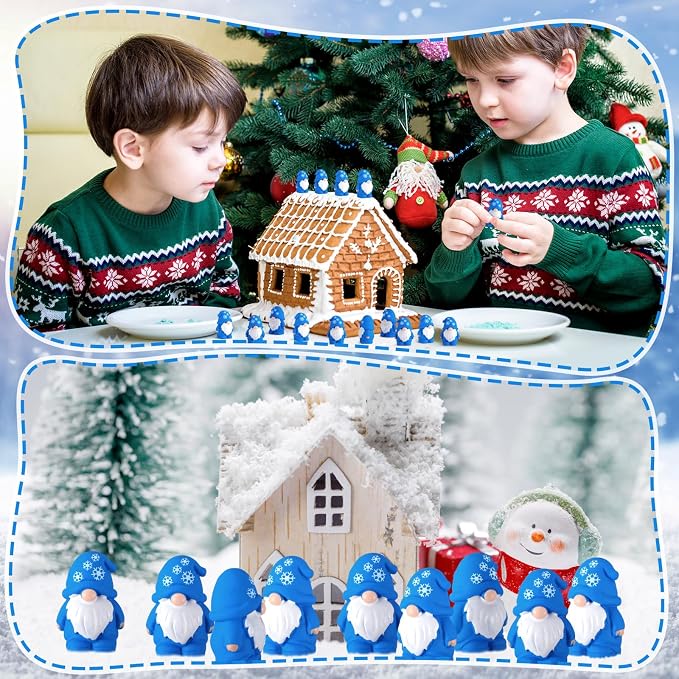 Yaomiao 50 Pcs Mini Resin Winter Gnomes Figurines Winter Snowflake Gnomes Statues Snowflake White and Blue Gnome Figures Table Decor for Holiday Festive Home Kitchen Tiered Tray