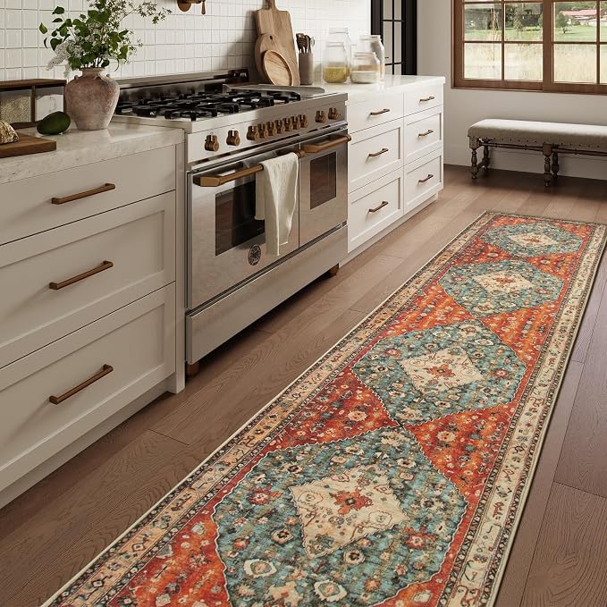 Lahome Felice Boho Tribal Runner Rugs with Rubber Backing, 2'6"x12' Long Hallway Runner Rug Washable Kitchen Rug Runner, Soft Non Slip Indoor Stair Carpet Runner for Bathroom Bedroom Hardwood Floors