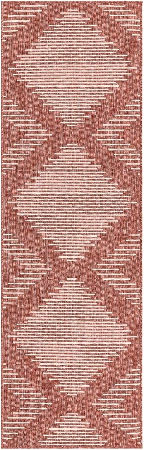 Unique Loom Outdoor Modern Collection Area Rug - Tambor (2' x 8' Runner, Rust Red/ Ivory)