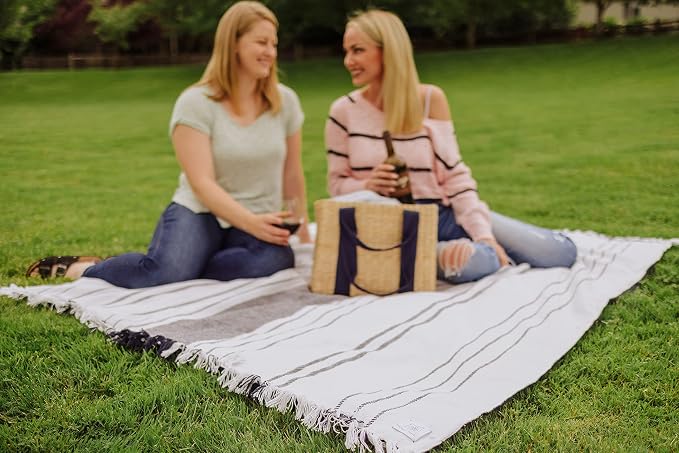 Picnic TIME Montecito Picnic Blanket with Harness, Large 60" x 70" Outdoor Blanket, Woven Cotton Top with Water-Resistant Poly Duck Backing, Sandproof Beach Mat for Camping & Travel (White & Blue)