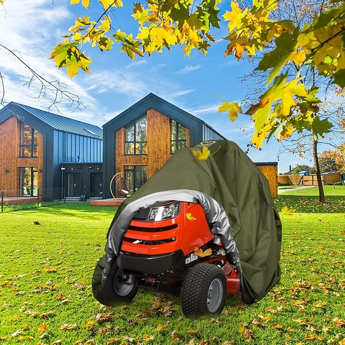 Riding Lawn Mower Cover, Heavy Duty 600D Lawnmower Covers Waterproof Outdoor Lawn Tractor Cover Tarp All Weather Ride on Mower Covers Universal Fit Decks up to 54" with Elastic Cord & Storage Bag