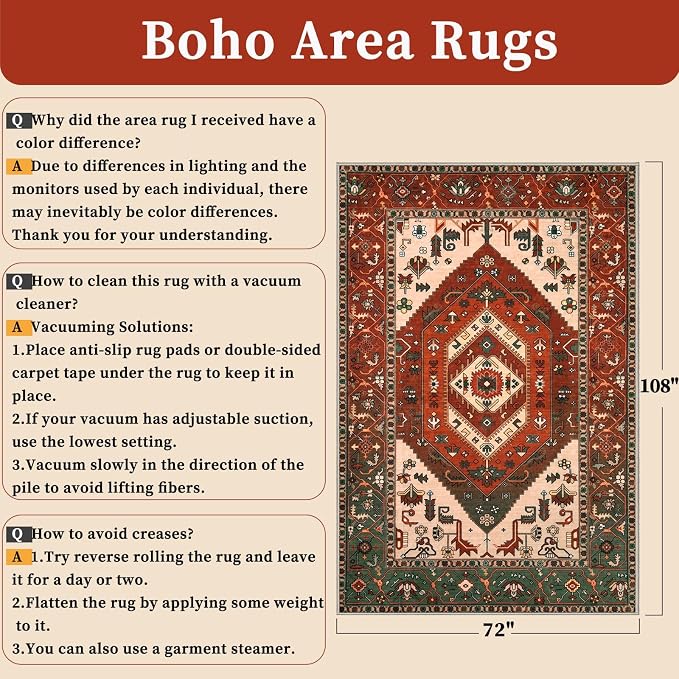 SERISSA 6x9 Washable Non Slip Boho Area Rug for Living Room | Ultra Soft Vintage Oriental Carpet Low-Pile Terracotta Green Throw Carpet for Dining Room Bedroom Dorm Office Home Decor