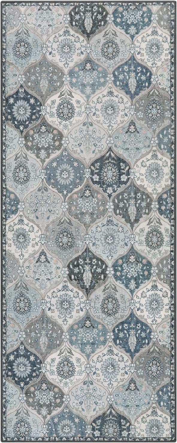 Lahome Moroccan Kitchen Runner Rug, 2x5 Washable Hallway Runner Non Slip | Trellis Non Slip Rubber Backing Ultra-Thin Vintage Carpet for Entryway Bedroom Bathroom Elise, Blue