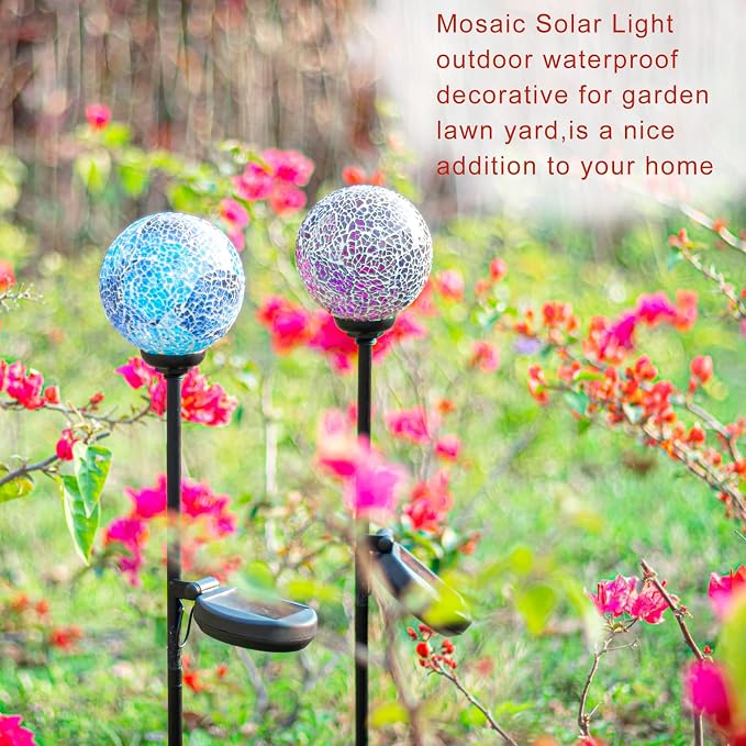 VCUTEKA Decorative Solar Garden Lights, 3.5" Mosaic Globe Stake 2 Pack | Mosaic Glass Design, Solar LED Light, Weather Resistant, Auto On/Off and Metal Stake Design for Lawn and Patio