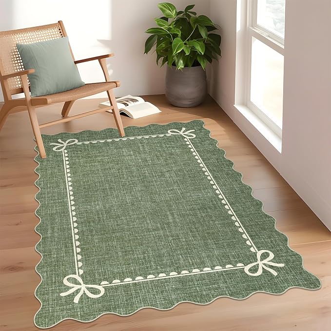 GarveeHome Scalloped Bow Rug 4x6 Washable Green Rug for Bedroom Living Room | Non Slip Soft Low Pile Indoor Carpet for Nursery Girls Bedroom Decor Hallway Kids Room College Dorm Playroom