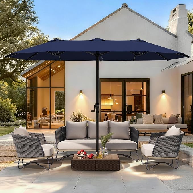 GDPFN 13FT Large Patio Umbrella, Outdoor Deck Standing Umbrella with Crank Handle, Double-Side Rectangular Pool Umbrella for Outside, Market, Patio, Navy Blue (Base Not Include)