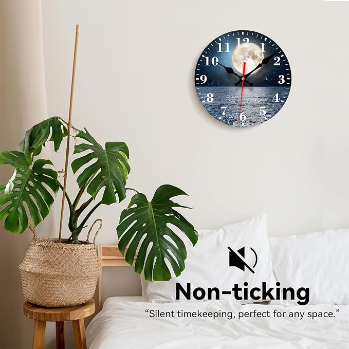Wall Clocks Battery Operated, Full Moon Over The Sea Silent Non Ticking Decorative Indoor Outdoor Wall Clocks for Living Room Kitchen Bedroom Bathroom 12"