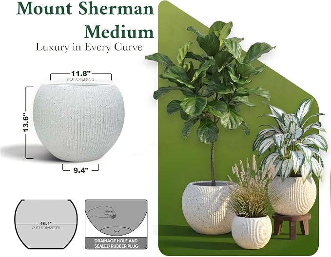 DTY Premium Mt Sherman Fiberstone Sphere Planter for Indoor Outdoor Use, Round Pot for Olive Tree, Lightweight, Smooth Finishes. 2 Coco Mats. Ribbed White, Medium 16.1'' D x 13.6'' H 11.8” Pot Opening