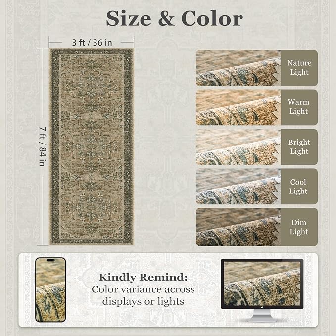 Medallion 3x7 Hallway Runner Rug, Washable Non Slip Runners for Kitchen Floor, Low Pile Thin Distressed Vintage Runner Carpet for Entryway/Mudroom/Foyer/Bathroom/Bedroom, Multi Brown/Olive