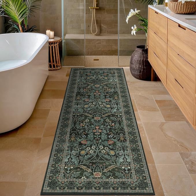 2x5 Runner Rug Non Slip Washable - Small Bathroom Runner Rug Non Slip, Dark Green Floral Pattern Soft Carpet Runner for Entryway Kitchen Bedroom Bedside, Waterproof Mats for Laundry (Olive Green)