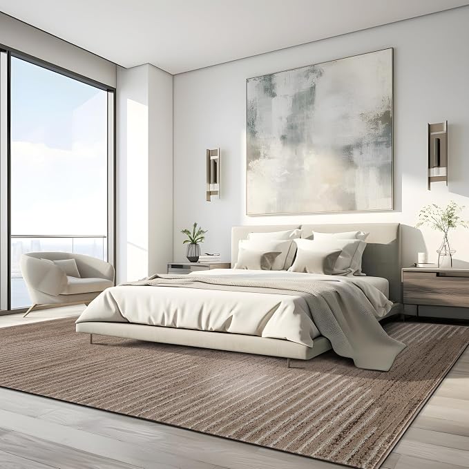 Rugshop Bohemian Stripe Stain Resistant Area Rug Beige 7'10" x 10' | High Traffic, Rectangular, Size 7'10" x 10', Living Room, Bedroom, Dining Room, Large Areas, Kitchen, Basement,Open Spaces