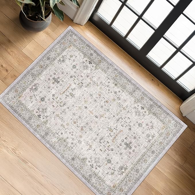 Washable 2x3 Throw Rugs for Entryway, Front Door Mat, Low Pile Non-Slip Small Area Rugs for Kitchen, Bathroom, Powder Room, Mudroom, Neutral Light Gray & Sage with Floral Accent
