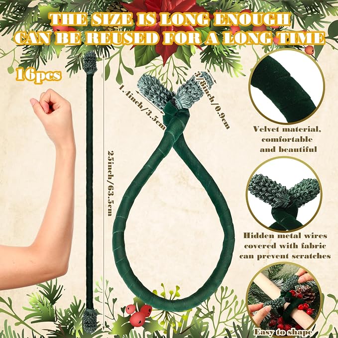 Jutom 16 Pcs 25 Inches Christmas Velvet Garland Ties Decorative Banister Twist Ties Reusable and Flexible for Xmas Light Banisters Home Stairways Railings Decoration(Green)