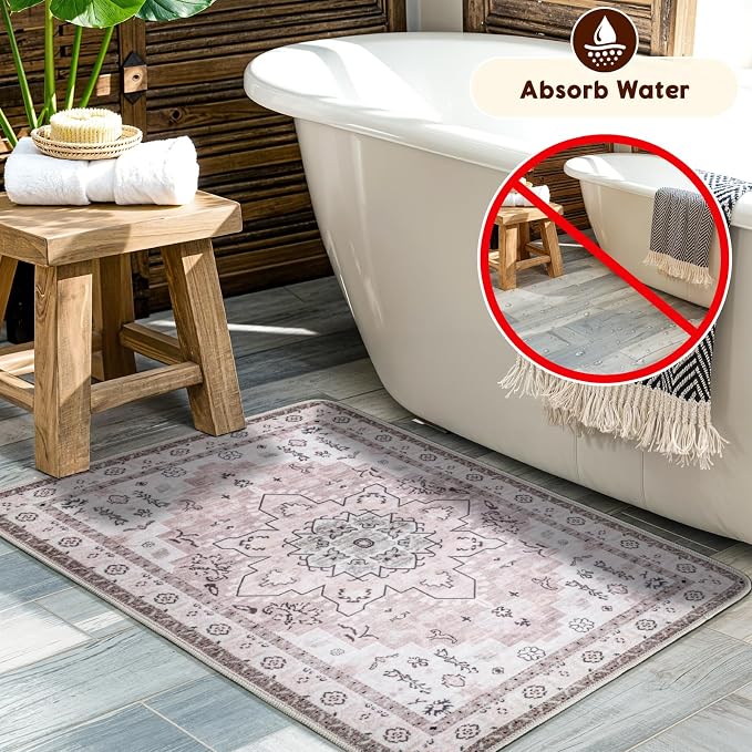 LBRO2M Machine Washable Rug Soft Pet Friendly Carpet 3X5 Pink | Persian Throw Rug 3X5 for Entryway, Kitchen, Bathroom Non Slip Carpet, Foldable Stain Resistant Rugs