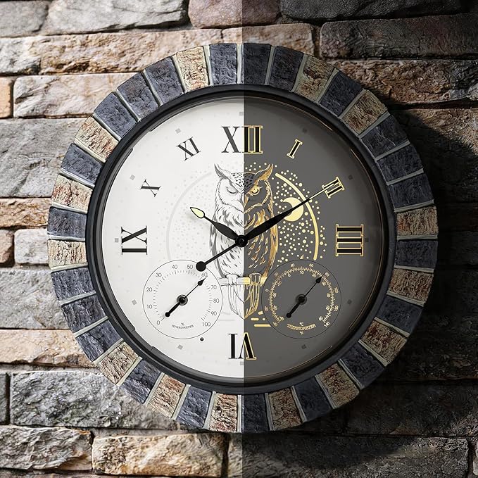 18 Inch Outdoor Clocks Waterproof with Thermometer Hygrometer, Illuminated Smart Night Light Large Patio Outdoor Wall Clock, Silent Battery Operated Outdoor Clock for Garden Pool Porch
