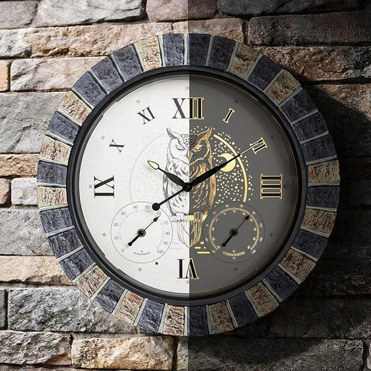 18 Inch Outdoor Clocks Waterproof with Thermometer Hygrometer, Illuminated Smart Night Light Large Patio Outdoor Wall Clock, Silent Battery Operated Outdoor Clock for Garden Pool Porch
