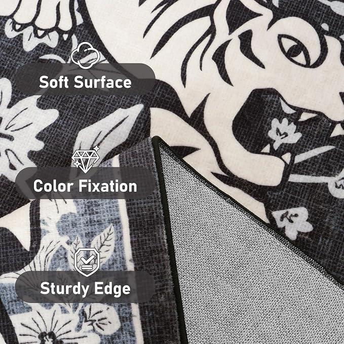 LIVEBOX Tiger Washable Rugs for Living Room, 8x10 Boho Bedroom Rug Non-Slip Jungle Floral Area Rug, Soft Stain Resistant Vintage Western Animal Floor Carpet for Dining Room Home Office Dorm (Black)