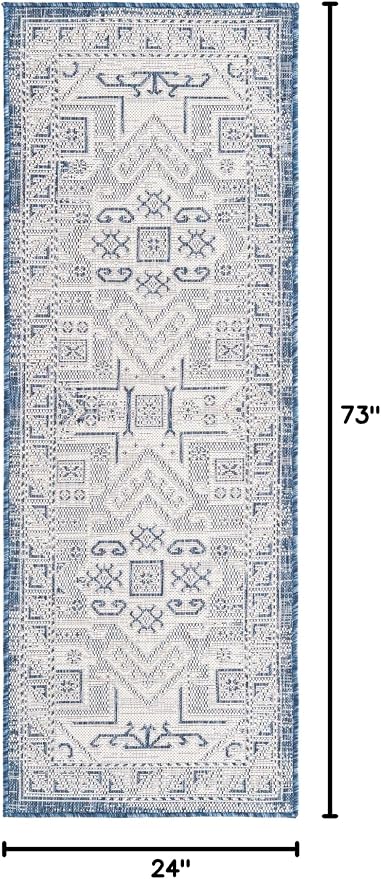 Unique Loom Outdoor Aztec Collection Area Rug - Coba (2' x 6' 1" Runner, Blue/ Ivory)