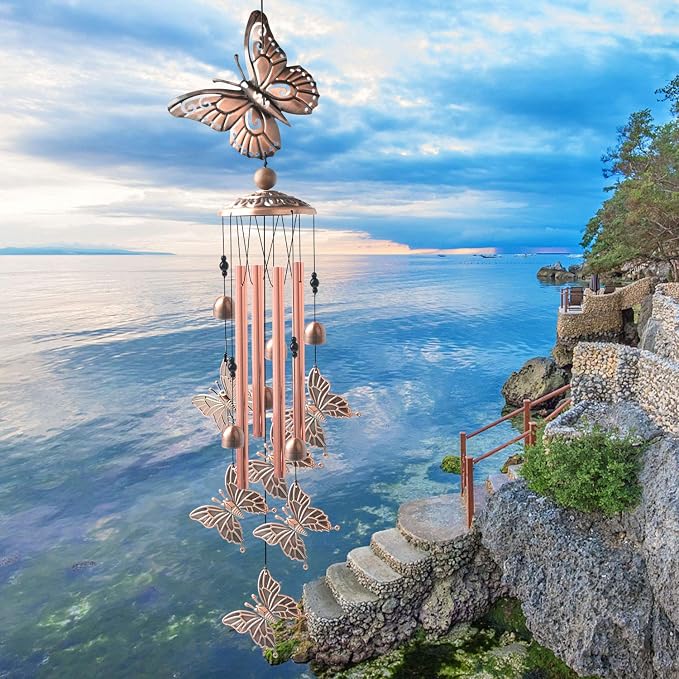 Butterfly Wind Chimes Brass, Sympathy Wind Chimes Outdoor Gifts for Mom Gift Garden Windchimes Decorations Outdoor Patio Decorations with S Hook Indoor and Outdoor.