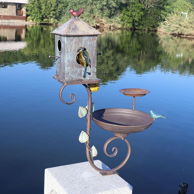 HLQMFHT Deck Bird Bath, 3 in 1 Metal Bird Bath and Bird Houses, Decorative Deck Mounted Bird Baths, Detachable and Adjustable Sturdy Deck Bird Bath for Outdoor Porch Yard Garden Decoration