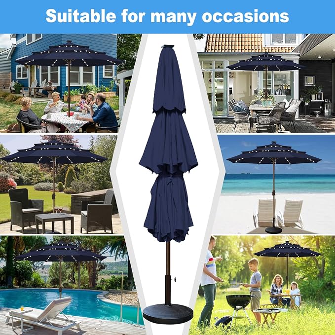 Eurmax USA 10-Year-Non-Fading 10FT 3-Tier Outdoor Patio Market Umbrella with LED Lights,UPF50+ UV Resistant,Commercial Grade,Crank Lift Design,Windproof Vented Top for Garden,Pool,Deck,Navy Blue