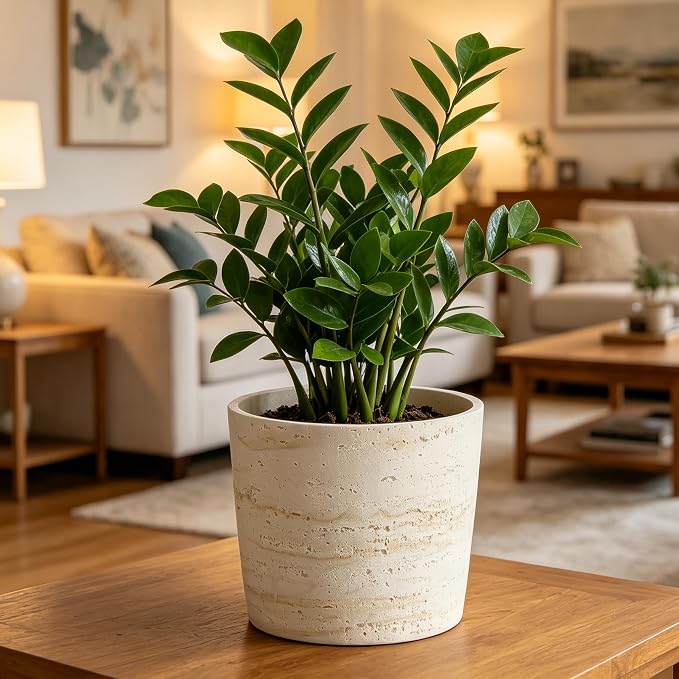 Ekirlin 7 Inch Natural Travertine Textures Plant Pot, Resin Outdoor Planter with Drainage Hole, Removable Rubber Stopper and Non-Slip Soft Pad,Weatherproof Decorative Pot for Indoor/Garden Plants