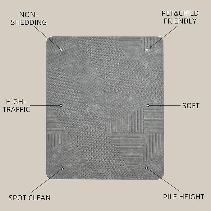 5x7 Gray Modern Geometric Area Rug for Living Room Bedroom, Washable | High-Low Pile Minimalist Textured Carpet, Ultra Soft, Fluffy Floor Rugs for Bedroom, Kids Room, Nursery, Home Décor, Grey