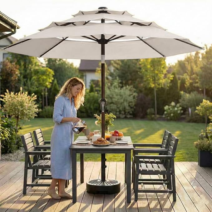 10ft 3-Tier Patio Umbrella with 32 Solar Powered LED Lights, Windproof Outdoor Market Umbrella for Deck, Poolside & Garden, Sturdy Push-Button Tilt Table Umbrella, Creamy White
