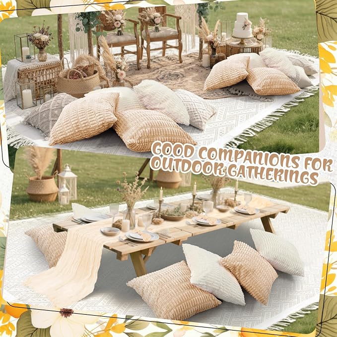 Beeveer 14 Pack Picnic Kit 91x71 Inch Extra Large Outdoor Boho Picnic Blanket with Beige White Table Runner, 6 Throw Pillow Cover 6 Napkin Woven Cotton Yarn Washable Beach Blanket for Camp Wedding