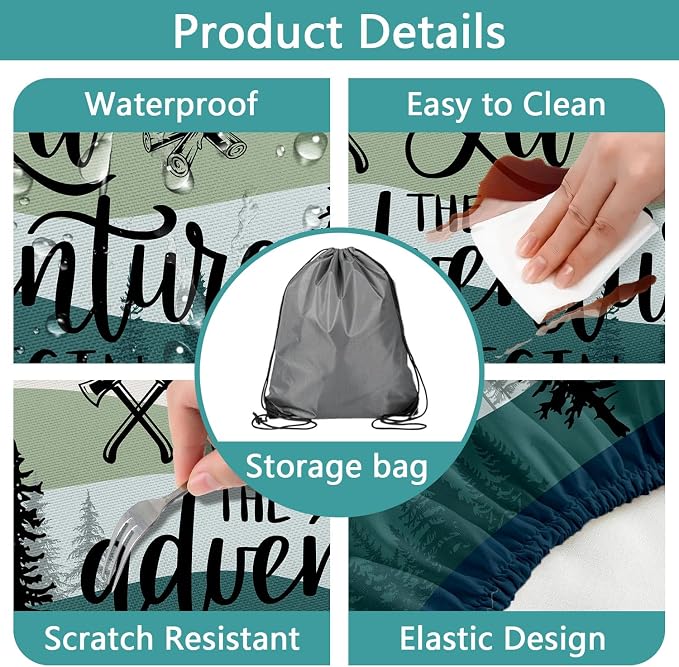 Picnic Table Cover with Bench Covers, Rectangle Tables, Waterproof Elastic Fitted Tablecloths for 6 Foot, Washable Tablecloth for Camping, Outdoor (Green, 30"x60")