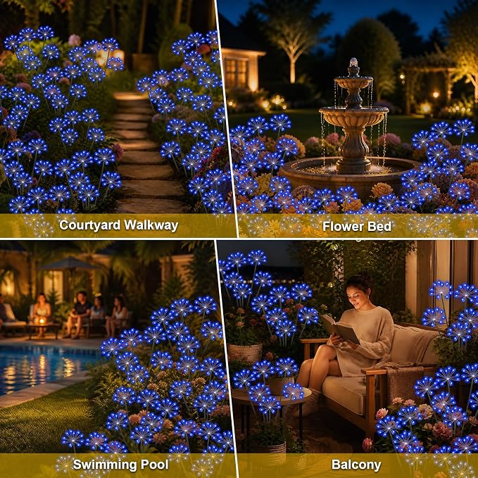 Solar Garden Lights Outdoor, Upgraded Solar Swaying Starburst Light Waterproof with 2 Modes, Solar Fairy Firework Lights for Yard Patio Pathway Flowerbed Balcony Garden Decoration (Blue, 4 Pack)