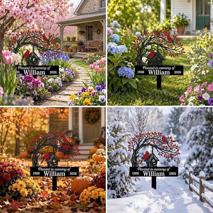 Personalized Cardinal Garden Sign with Stakes, Custom Outdoor Yard Decor, Memorial Gift for Mom, Garden Plaque Gifts for Memorial, Remembrance loss loved Ones, Grave Marker 22