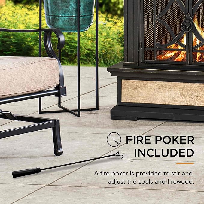 Sunjoy Outdoor Fireplace, Stone Look Tile Patio Wood Burning Steel Fireplace with Chimney, Spark Screen, Fire Poker, Rain Cover, and Removable Grate, Black with Golden Highlight