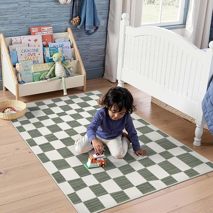 jinchan 3x5 Area Rug Washable Modern Checkered Rug for Kids Room, Grey | Geometric Lattice, Soft, Non-Slip, Floor Carpet, Kitchen, Nursery, Bedroom, Living Room, Entryway, Bathroom, Nursery Playroom