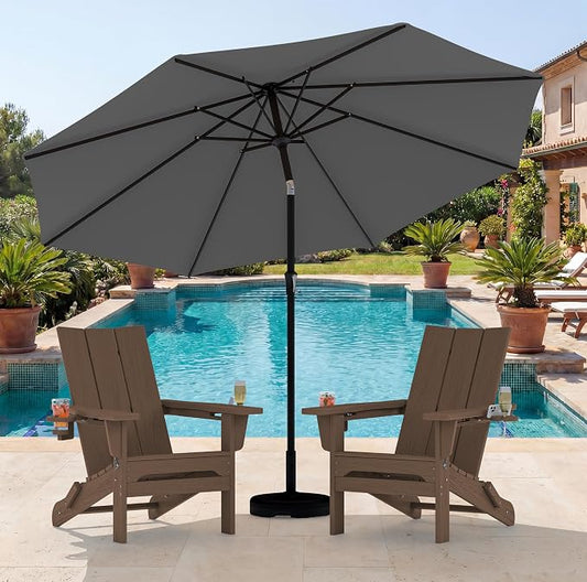 SERWALL Modern Folding Adirondack Chair Set with 9 Ft Umbrella, Folable Adirondack Chairs Set of 2 with Cup Holders, HDPE Fire Pit Chairs for Patio Lawn Garden, Brown (Umbrella Base is not Included)