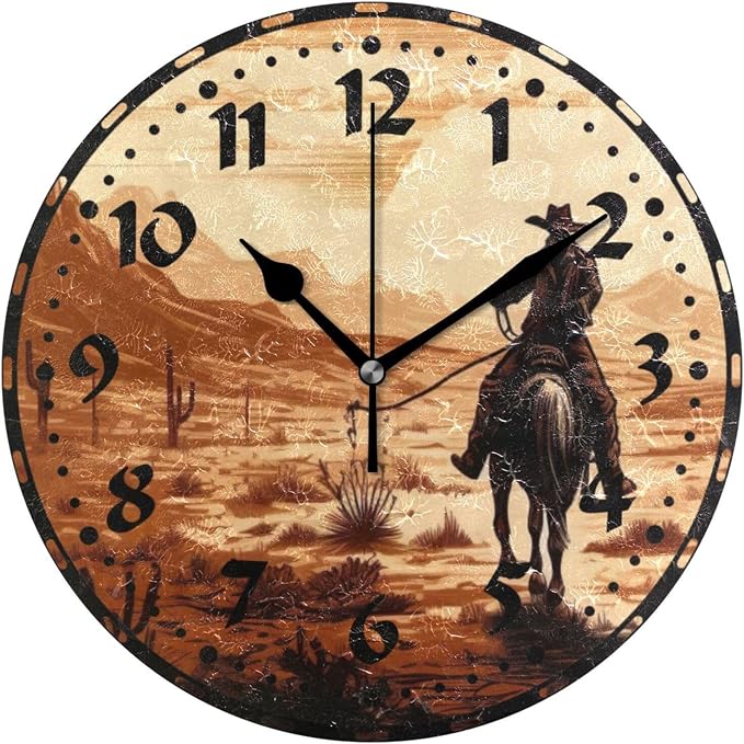 Vintage Western Cowboy Wall Clock, Silent Non Ticking 10 Inch Battery Operated Wall Clocks, Easy to Read Clock for Home Kitchen Living Room Bathroom Office Decor