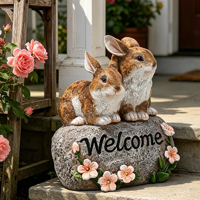 Solar Rabbit Garden Decor Outdoor Bunny Statue Welcome Sign Cute Resin Bunny Figurines for Yard Lawn Ornament Patio Porch Backyard Waterproof Decorative Gift for Women Bunny Lovers