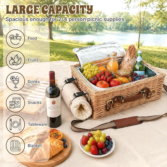 Hap Tim Multifunctional Wicker Picnic Basket Set for 2 with Picnic Table & Blankets, Gifts for Couple, Engagement, Wedding, Bridal Shower, Family, White Elephant(Y2604)